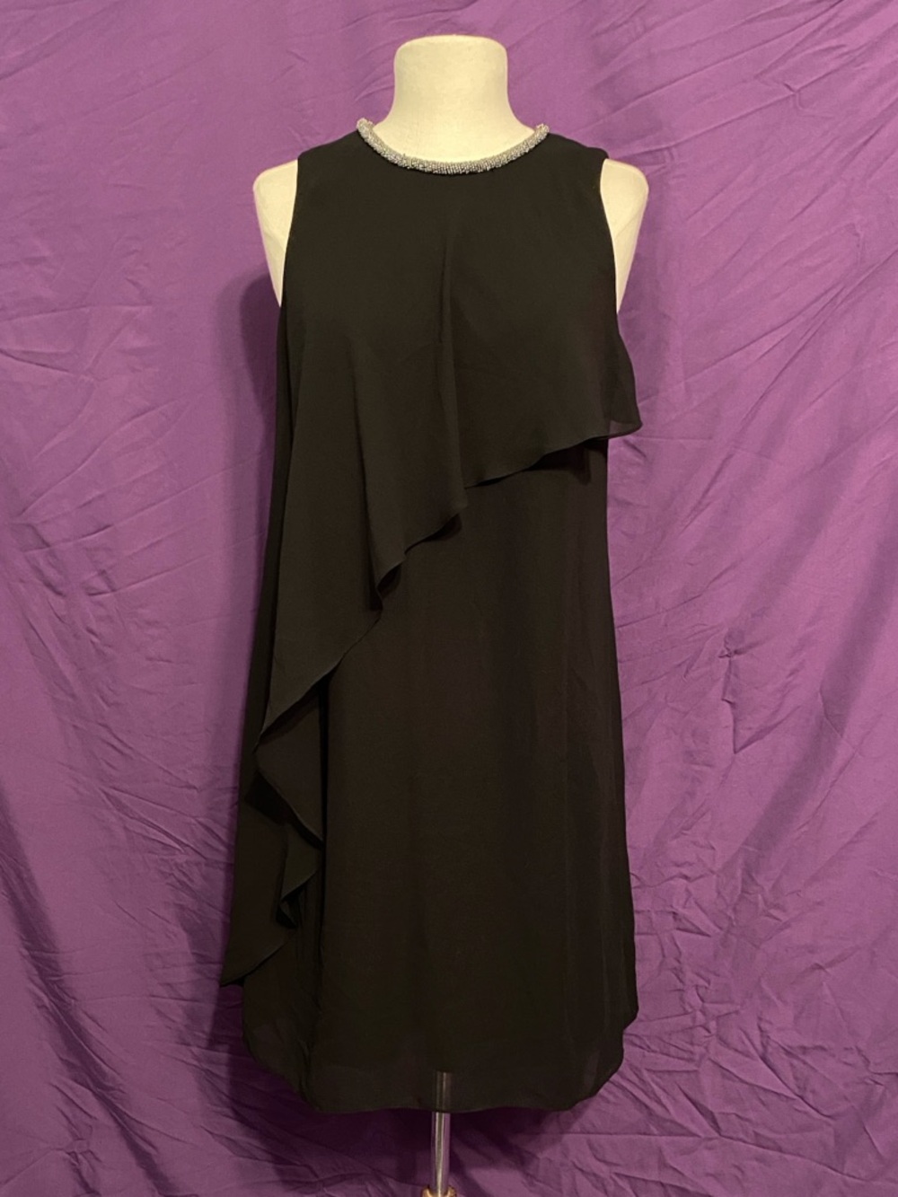 S.L. Fashions Black Sleeveless Ruffle Dress with Beaded Neckline. Size 6.